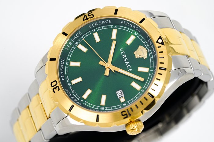 Versace Hellenyium Quartz Green Dial Two Tone Steel Strap Watch For Men - VE3A00720