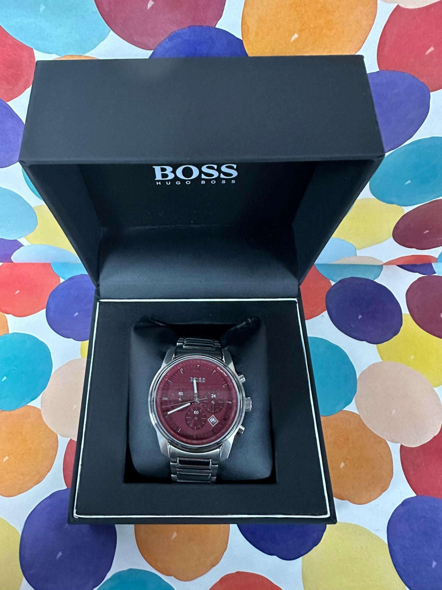 Hugo Boss Trace Chronograph Red Dial Silver Steel Strap Watch For Men - 1514004