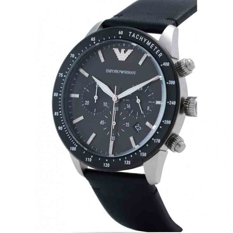 Emporio Armani Mario Chronograph Black Dial Black Leather Strap Watch For Men - AR11243