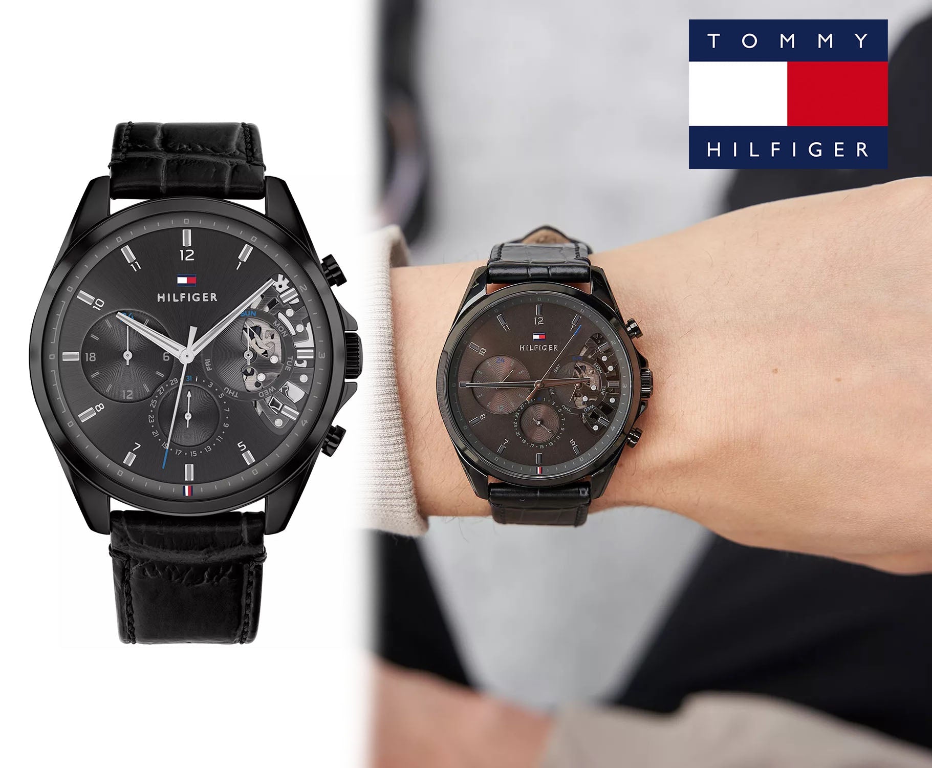 Tommy Hilfiger Baker Chronograph Black Dial Black Leather Strap Watch For Men  - 1710452