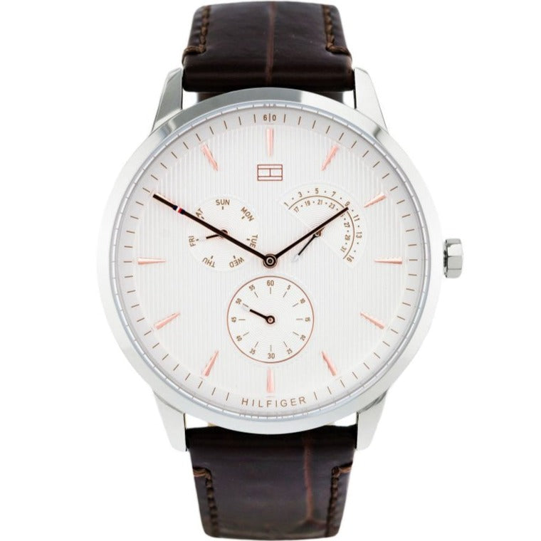 Tommy Hilfiger Brad Chronograph White Dial Brown Leather Strap Watch For Men - 1710389