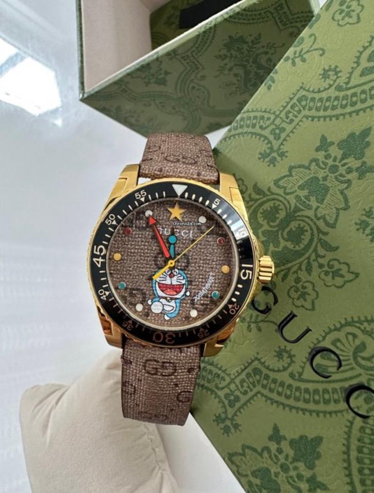 Gucci Dive Doraemon Quartz Brown Dial Brown Leather Strap Watch For Men - YA136335