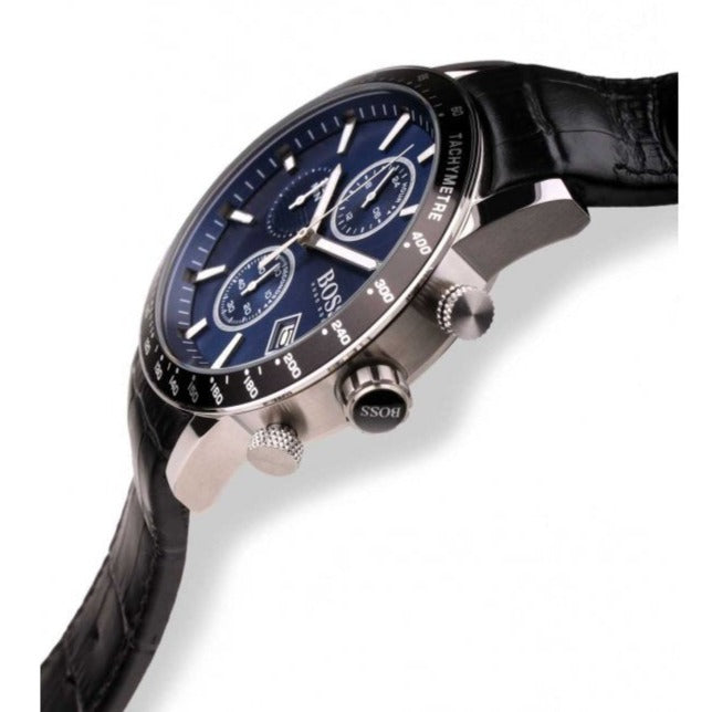 Hugo Boss Rafale Chronograph Blue Dial Black Leather Strap Watch For Men - 1513391