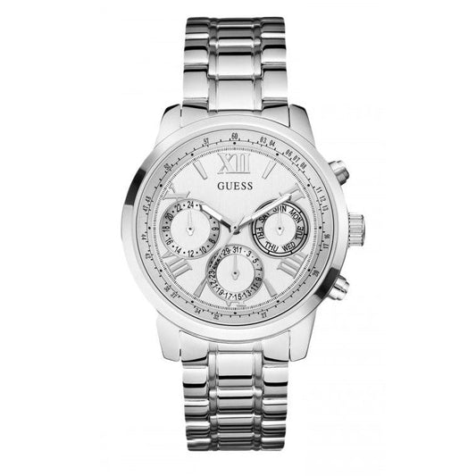 Guess Sunrise Multifunction Quartz White Dial Silver Steel Strap Watch For Women - W0330L3