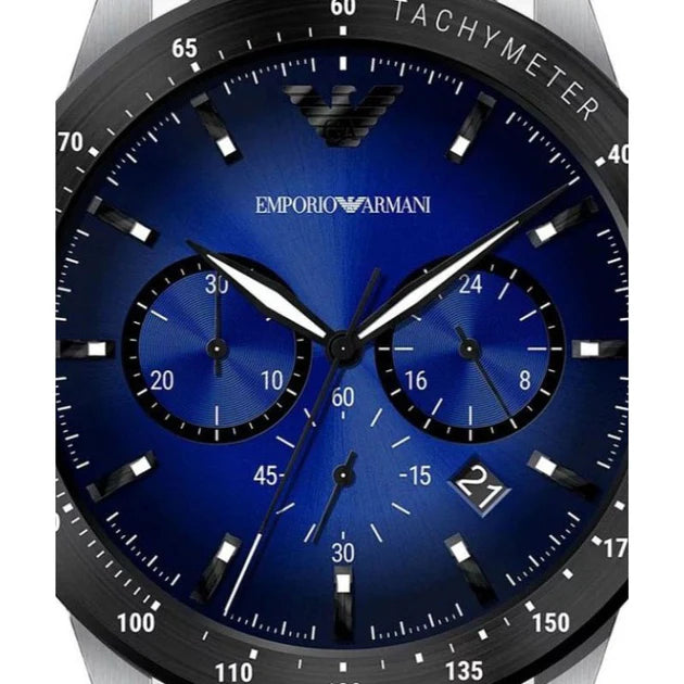 Emporio Armani Mario Chronograph Blue Dial Black Leather Strap Watch For Men - AR11522