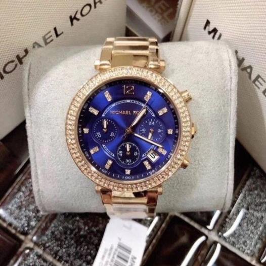 Michael Kors Parker Chronograph Blue Dial Gold Steel Strap Watch For Women - MK6262