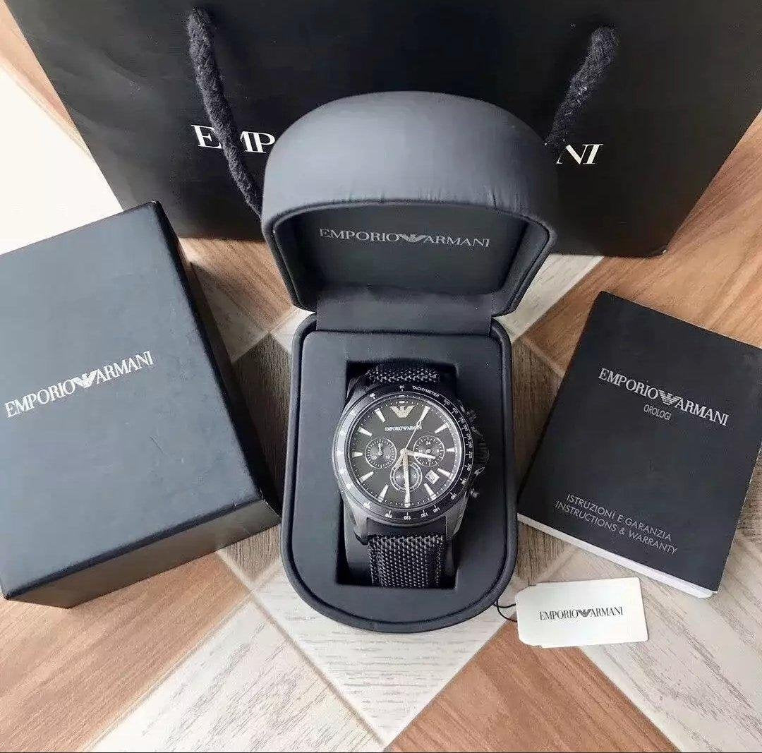 Emporio Armani Sigma Chronograph Black Dial Black Leather Strap Watch For Men - AR6131