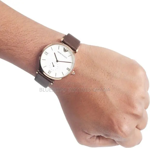 Emporio Armani Analog White Dial Brown Leather Strap Watch For Men - AR9042