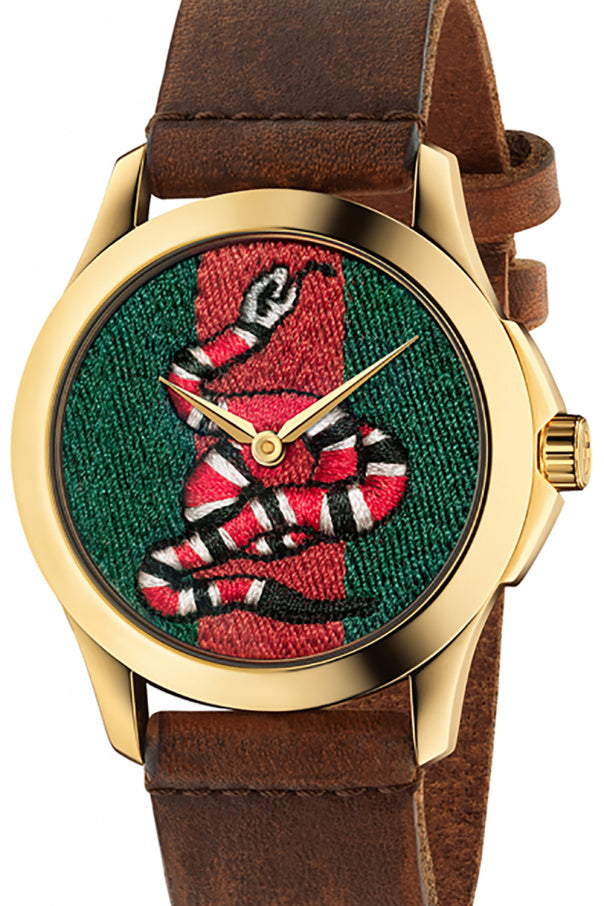 Gucci G Timeless Quartz Green & Red Dial Brown Leather Strap Watch For Men - YA126451