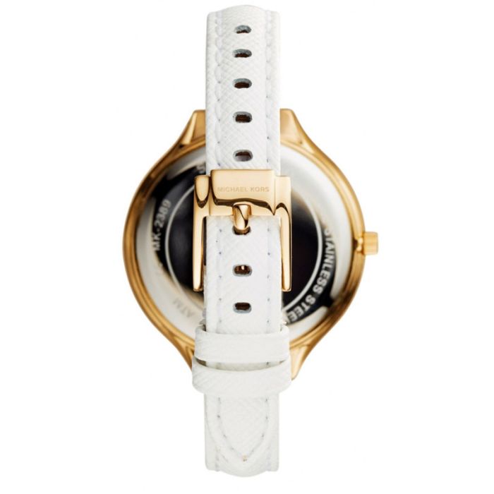 Michael Kors Slim Runway Quartz Gold Dial White Leather Strap Watch For Women - MK2389