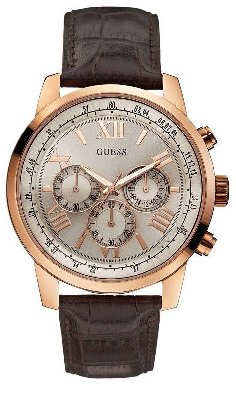 Guess Horizon Quartz Champagne Dial Brown Leather Strap Watch For Women - W0380G4