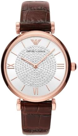 Emporio Armani Gianni T-Bar Silver Dial Brown Leather Strap Watch For Women - AR11269