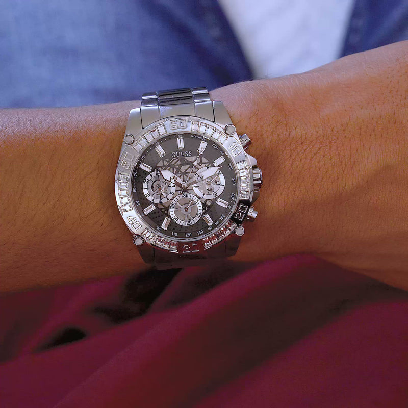 Guess Trophy Chronograph Diamonds Black Dial Silver Steel Strap Watch for Men - GW0390G1