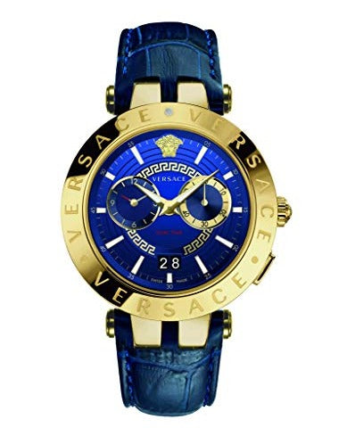 Versace V-Race Multifunction Quartz Blue Dial Blue Leather Strap Watch For Men - VEBV00219