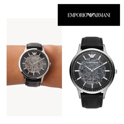 Emporio Armani Meccanico Skeleton Automatic Black Dial Black Leather Strap Watch for Men - AR60038