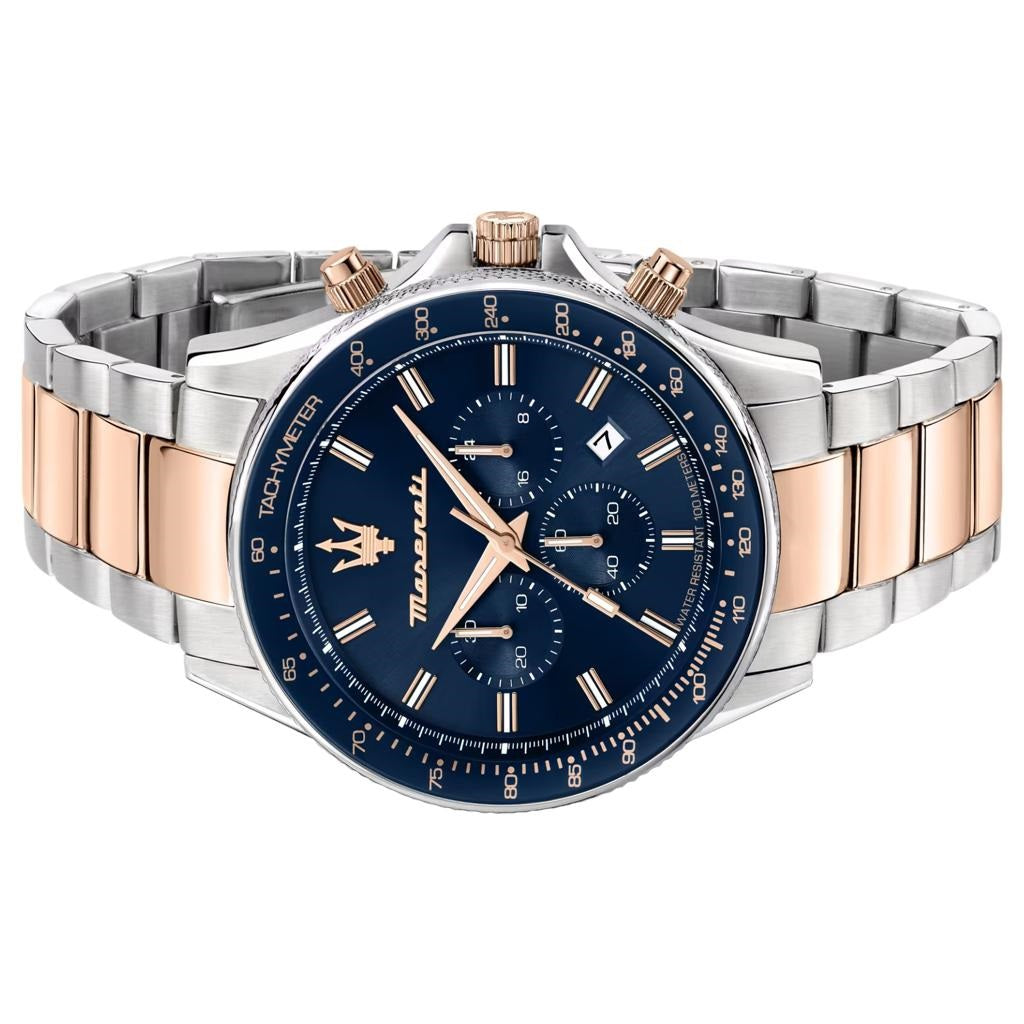 Maserati SFIDA Chronograph Blue Dial Two Tone Steel Strap Watch For Men - R8873640012