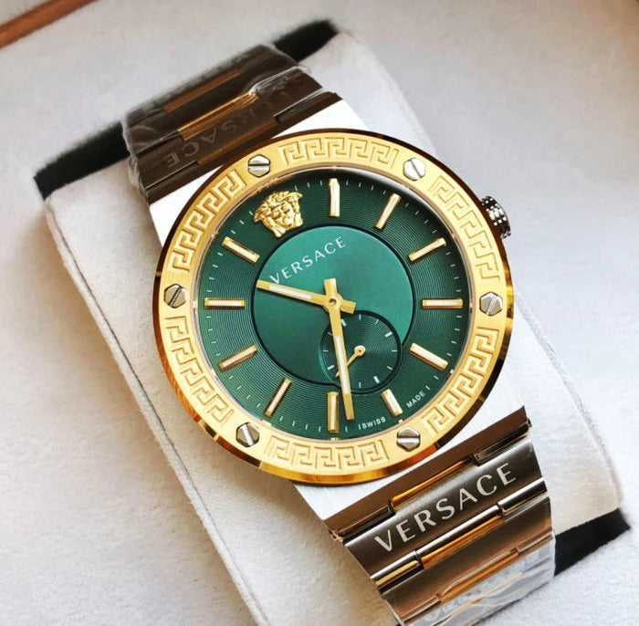 Versace Hellenyium Quartz Green Dial Silver Steel Strap Watch For Men - VEVK00420