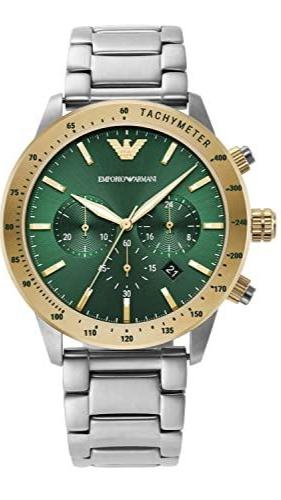 Emporio Armani Mario Chronograph Green Dial Silver Steel Strap Watch For Men - AR11454