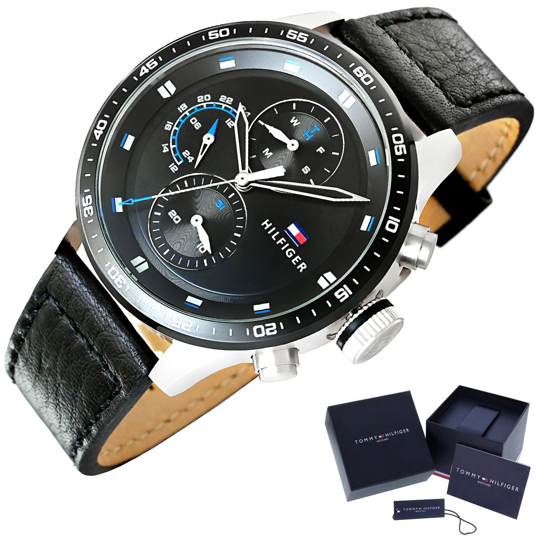 Tommy Hilfiger Trent Chronograph Quartz Black Dial Black Leather Strap Watch For Men - 1791810