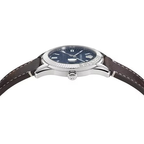 Versace Greca Time Quartz Blue Dial Brown Leather Strap Watch For Men - VE3K00122