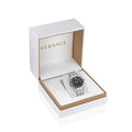 Versace Greca Time Quartz Black Dial Silver Steel Strap Watch For Men - VE3K00322