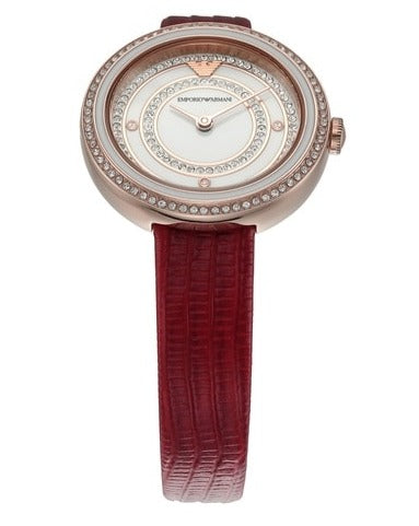 Emporio Armani Two-Hand Analog White Dial Red Leather Strap Watch For Women - AR11532