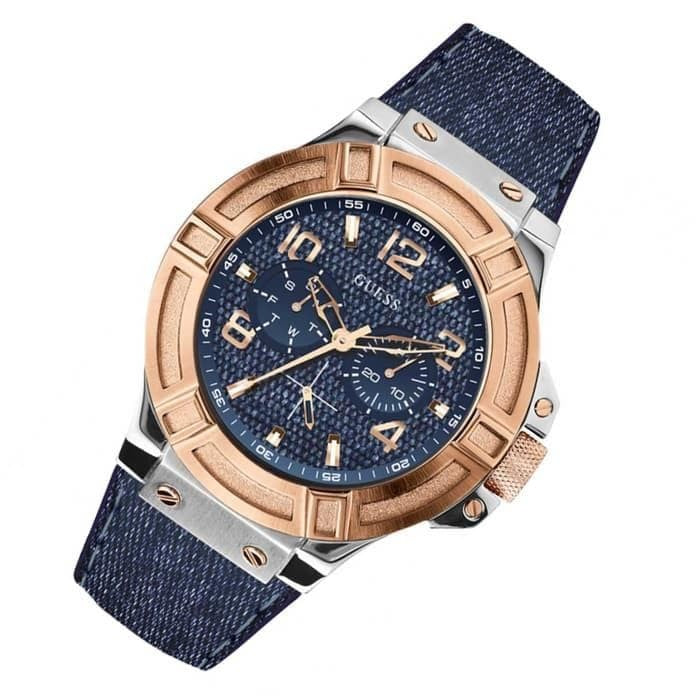 Guess Rigor Analog Blue Dial Blue Denim Strap Watch For Men - W0040G6