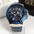 Guess Rigor Multifunction Chronograph Blue Dial Blue Leather Strap Watch For Men - W0040G7