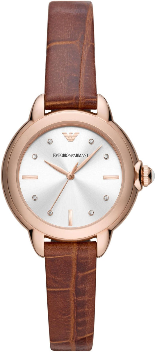 Emporio Armani Mia Quartz Silver Dial Brown Leather Strap Watch For Women - AR11525