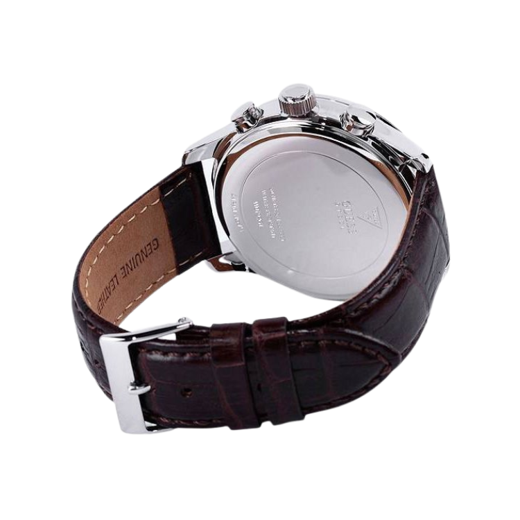 Guess Exec Chronograph White Dial Brown Leather Strap Watch For Men - W0076G2