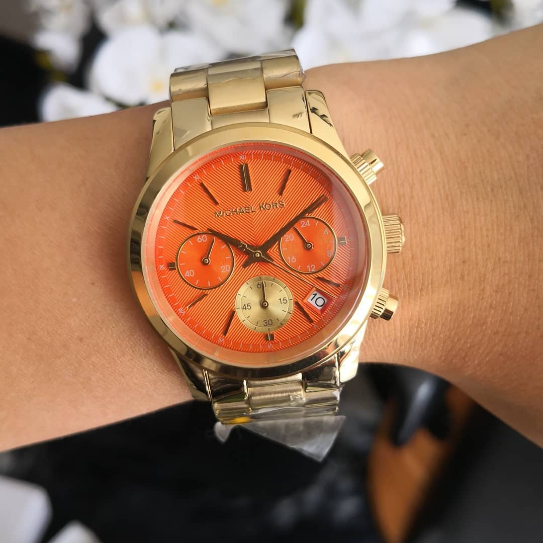 Michael Kors Runway Chronograph Orange Dial Gold Steep Strap Watch For Women - MK6162