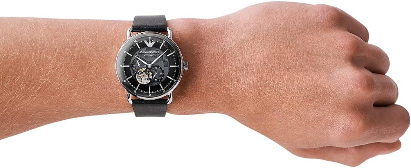 Emporio Armani Meccanico Skeleton Black Dial Black Leather Strap Watch For Men - AR60026