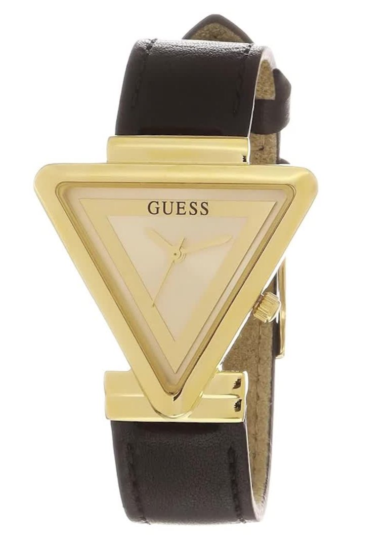 Guess Fame Quartz Gold Dial Black Leather Strap Watch For Women - GW0548L3