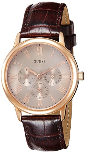 Guess Wafer Quartz Beige Dial Brown Leather Strap Watch For Men - W0496G1