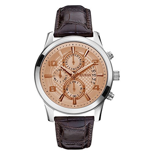 Guess Exec Chronograph Quartz Gold Dial Brown Leather Strap Watch for Men - W0076G3