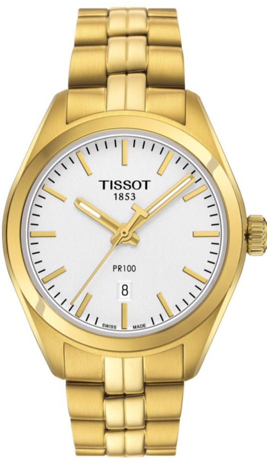 Tissot T Classic PR 100 Lady White Dial Gold Steel Strap Watch for Women - T101.210.33.031.00