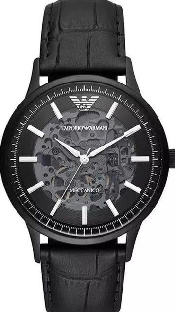 Emporio Armani Meccanico Automatic Black Dial Black Leather Strap Watch For Men - AR60042