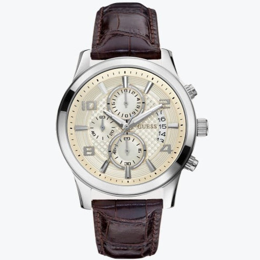 Guess Exec Chronograph White Dial Brown Leather Strap Watch For Men - W0076G2