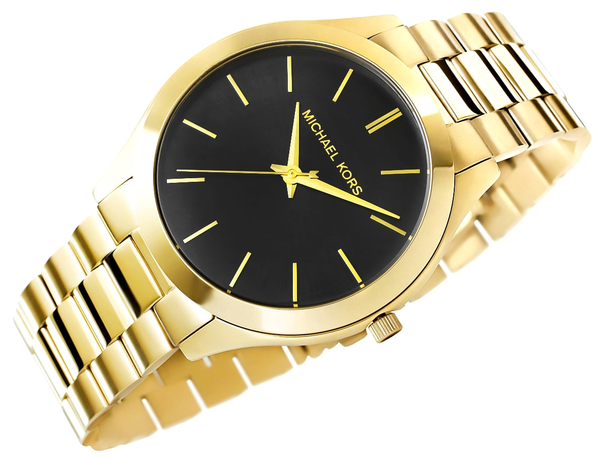 Michael Kors Slim Runway Quartz Black Dial Gold Steel Strap Watch For Men - MK8621