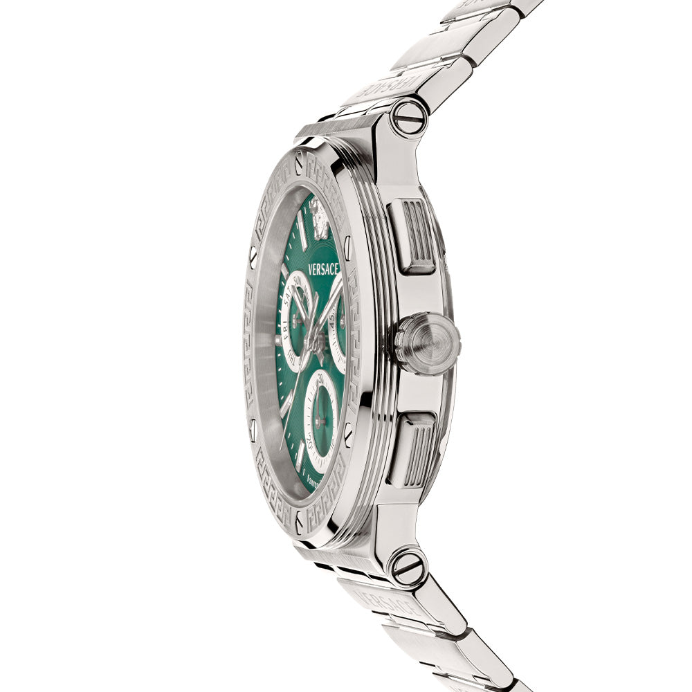 Versace Grace Chronograph Quartz Green Dial Silver Steel Strap Watch For Men - VEZ900121