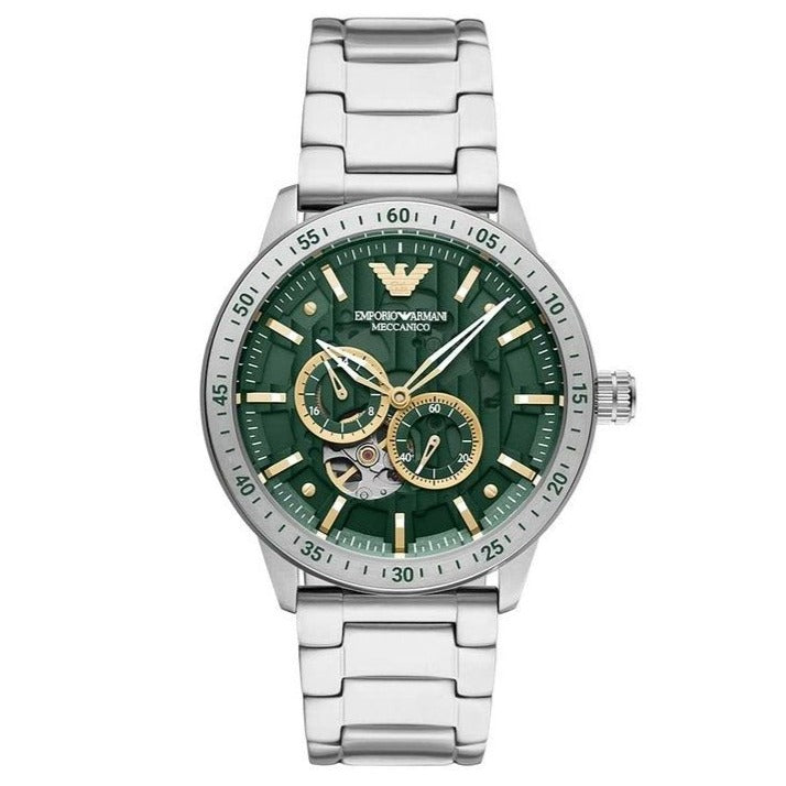 Emporio Armani Meccanico Chronograph Automatic Green Dial Silver Steel Strap Watch For Men - AR60053