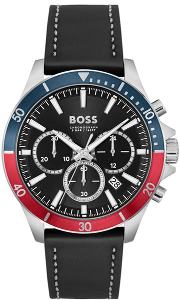 Hugo Boss Troper Chronograph Black Dial Black Leather Strap Watch For Men - 1514099