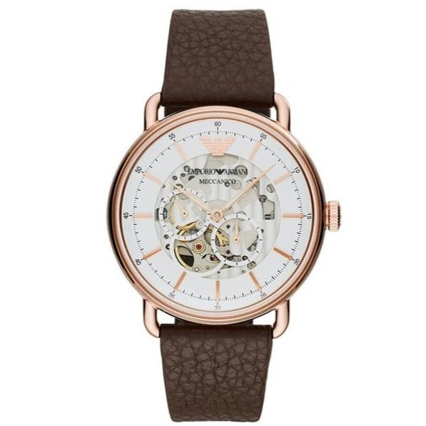 Emporio Armani Meccanico Automatic White Dial Brown Leather Strap Watch For Men - AR60027