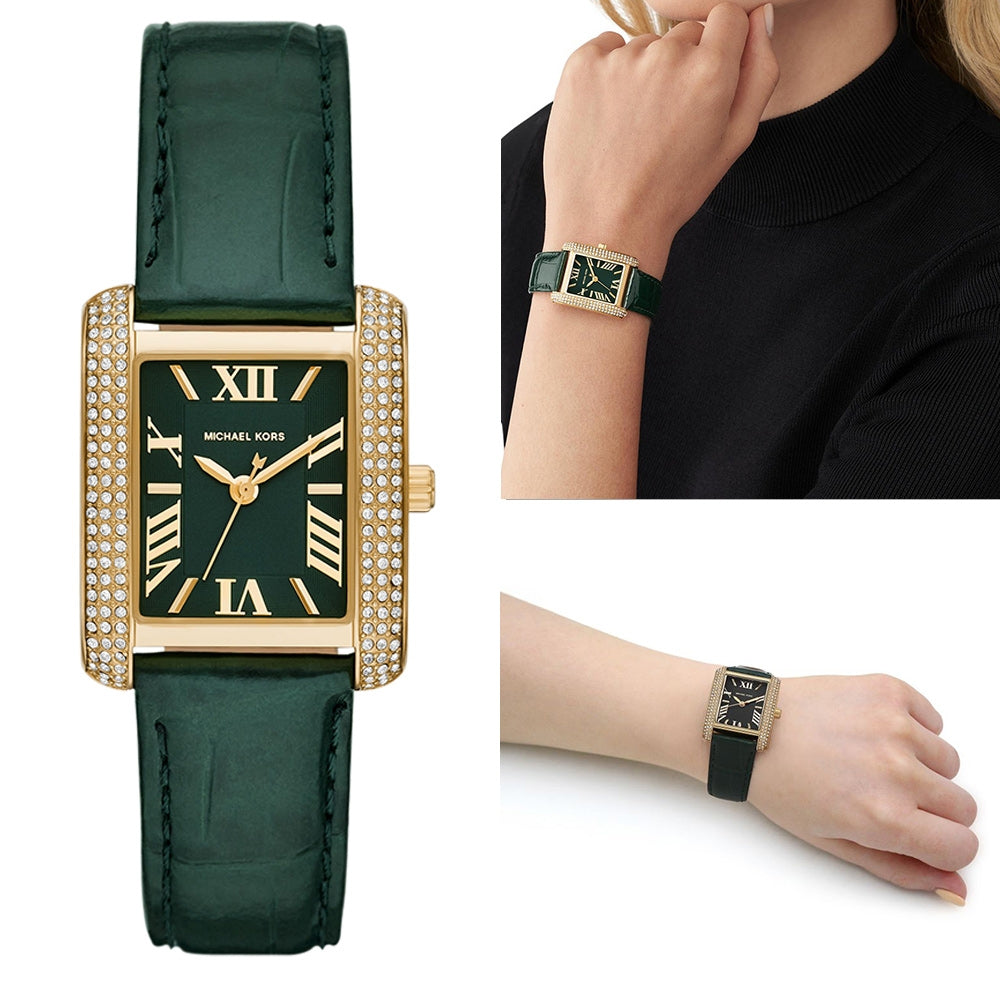 Michael Kors Emery Quartz Diamonds Green Dial Green Leather Strap Watch For Women - MK4697