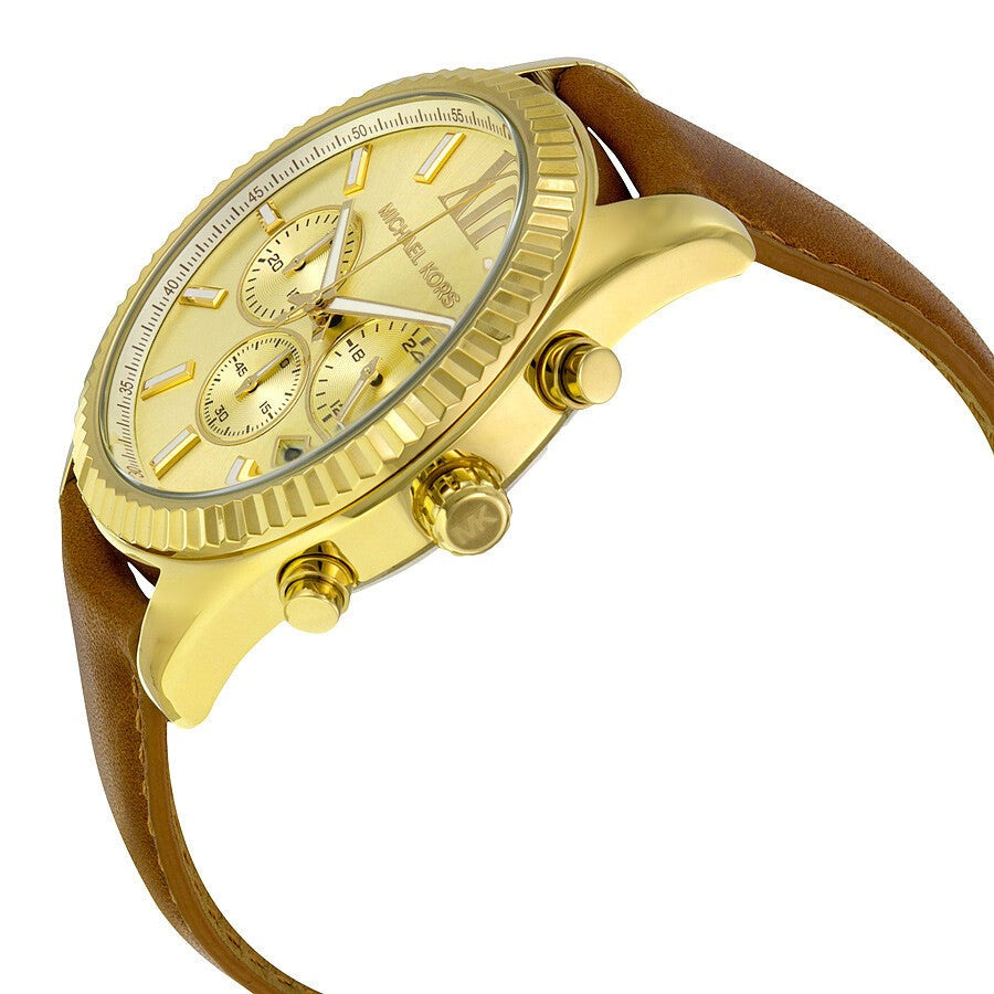 Michael Kors Lexington Chronograph Gold Dial Brown Leather Strap Watch For Men - MK8447