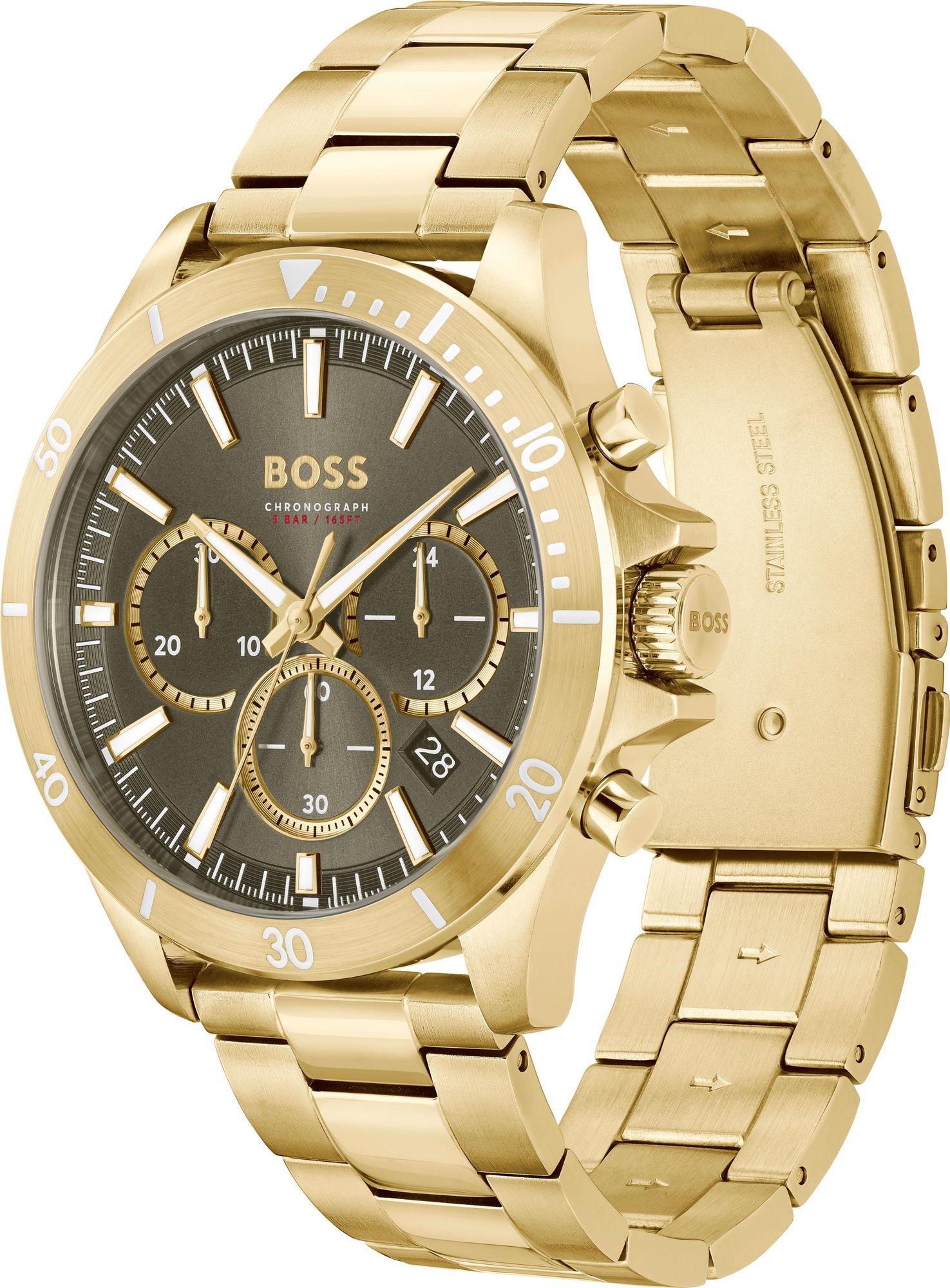 Hugo Boss Troper Chronograph Green Dial Gold Steel Strap Watch For Men - 1514059