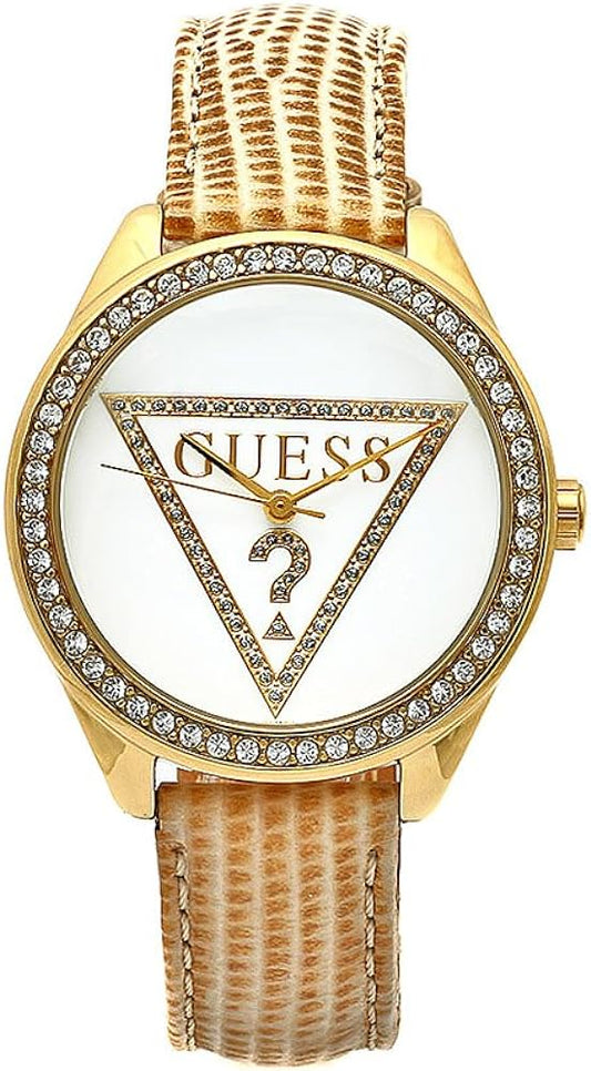 Guess Mini Triangle Quartz White Dial Gold Leather Strap Watch For Women - W70015l1