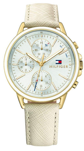 Tommy Hilfiger Carly Silver Dial Cream Leather Strap Watch for Women - 1781790