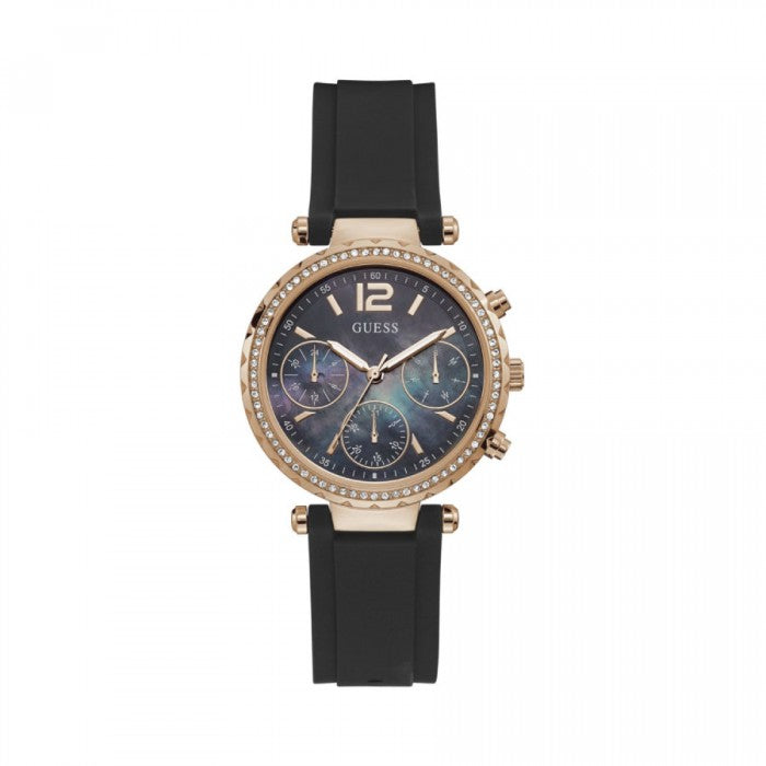 Guess Solstice Diamonds Black Mother of Pearl Dial Black Rubber Strap Watch for Women - GW0113L2