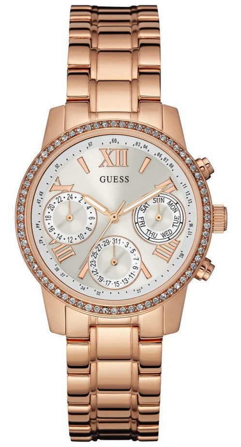 Guess Mini Surprise Analog Silver Dial Rose Gold Steel Strap Watch For Women - W0623L2